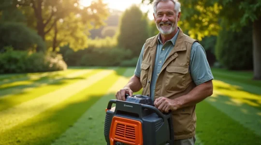 Jardinier expert tenant une tondeuse Husqvarna devant une pelouse verte impeccable au coucher de soleil