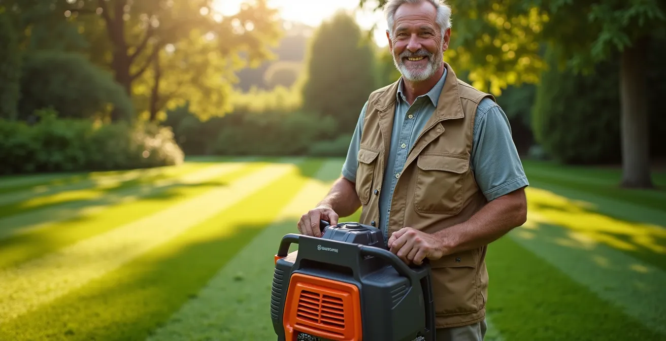 Jardinier expert tenant une tondeuse Husqvarna devant une pelouse verte impeccable au coucher de soleil