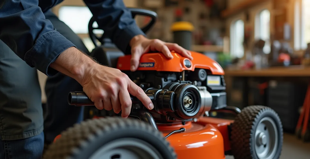 Mains d'un technicien revendeur Husqvarna examinant une tondeuse dans un atelier professionnel bien équipé, symbolisant le service de proximité