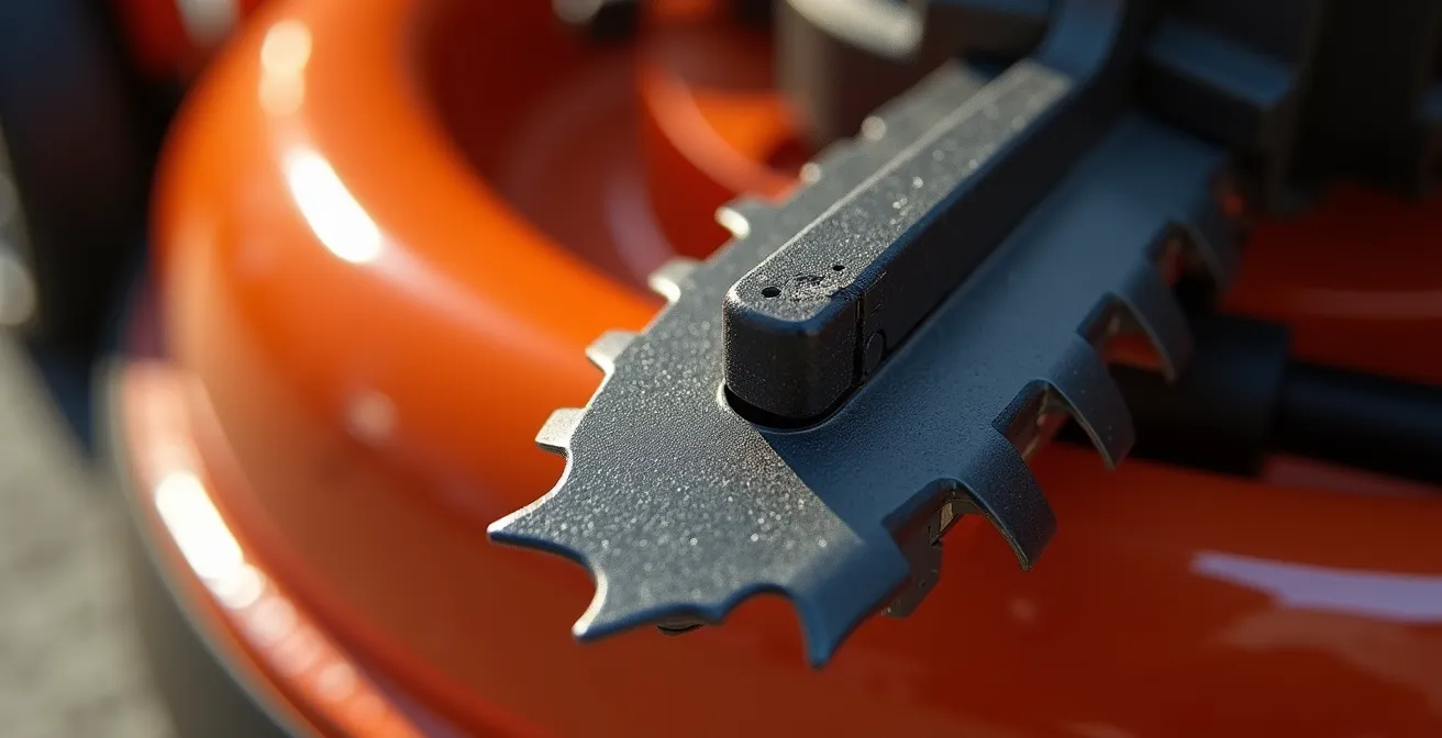 Détail macro d'une lame de tondeuse en rotation ultrarapide montrant la précision de coupe et les rainures de circulation d'air