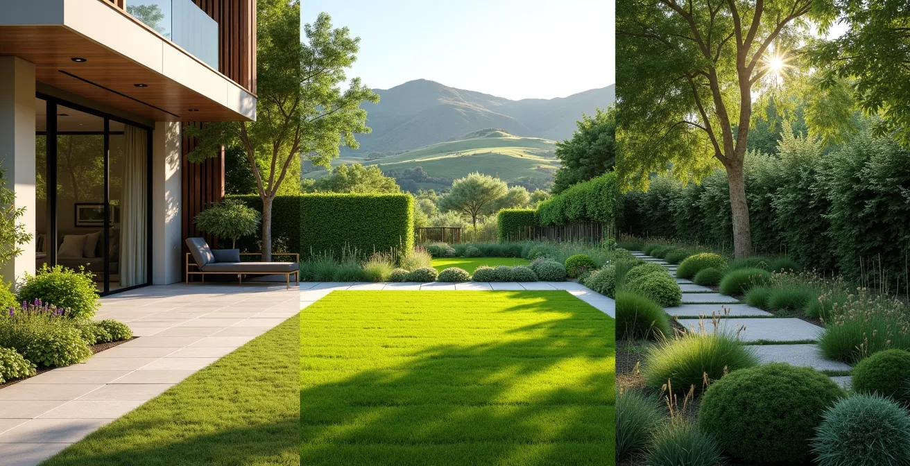 Trois silhouettes distinctes représentant les profils d'utilisateurs : un perfectionniste en jardin urbain, un pragmatique sur grand terrain, un écologiste urbain connecté