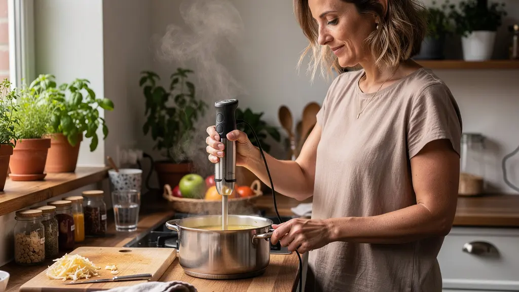 Utilisation mixeur plongeant dans casserole de soupe fumante cuisine moderne