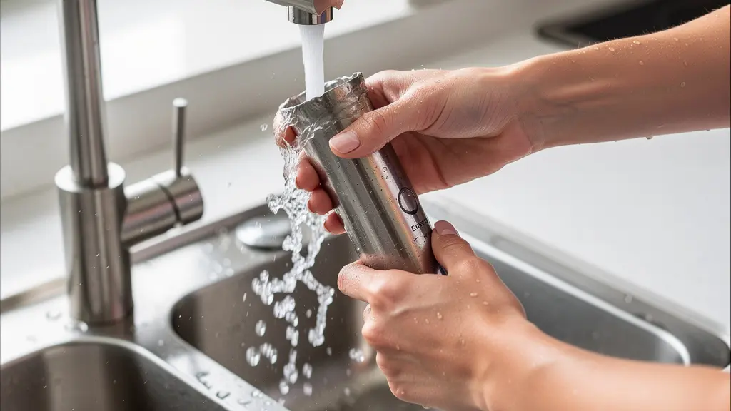 Nettoyage rapide pied mixeur plongeant inox sous eau courante évier