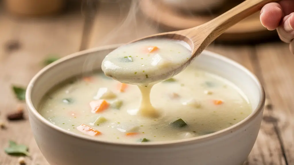 Soupe veloutée texture onctueuse dans bol céramique avec cuillère