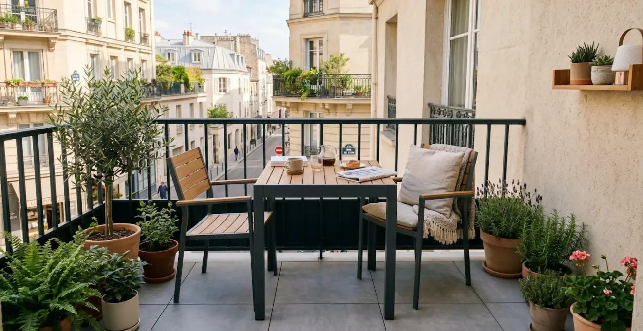 Balcon urbain de 8m² aménagé avec une table bistrot en aluminium et deux chaises, circulation préservée, lumière naturelle matinale
