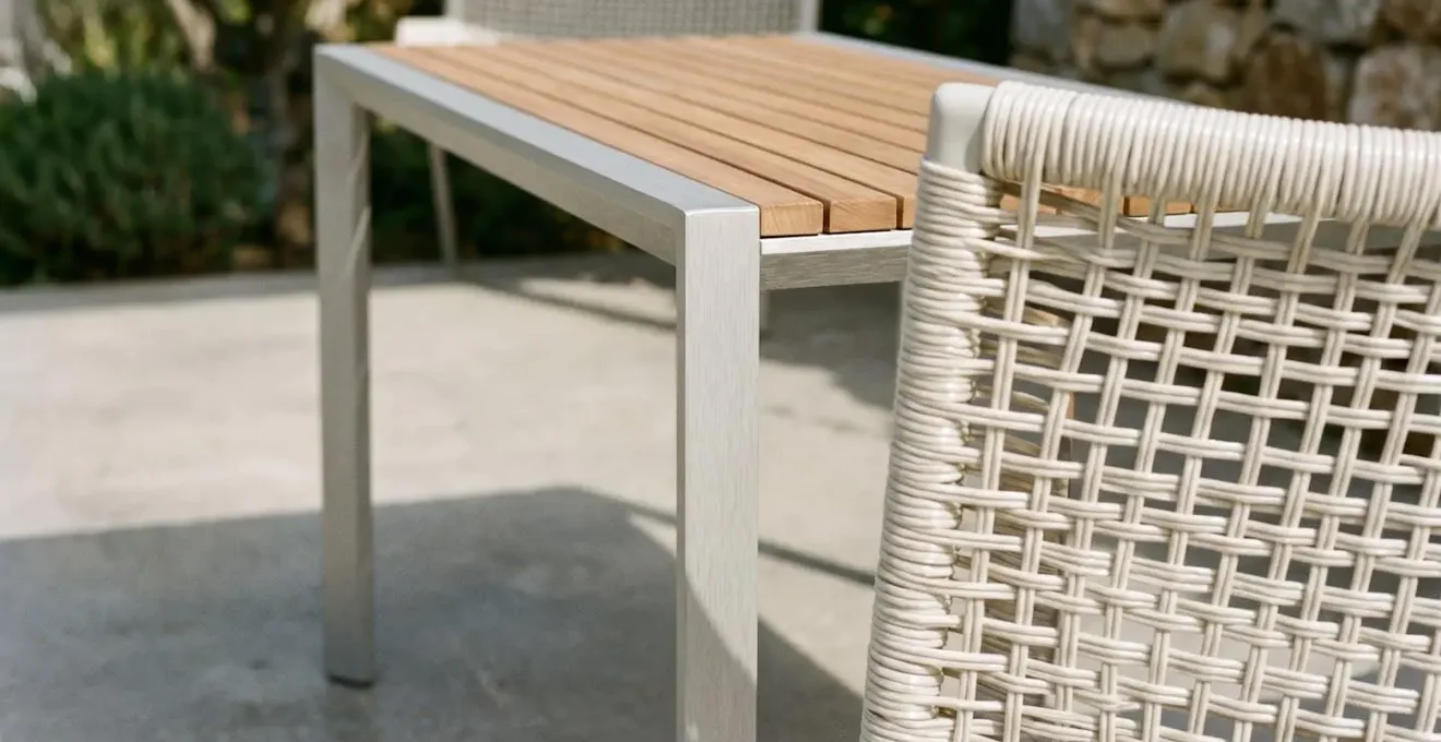 Détail de matériaux de mobilier de jardin compact : piètement aluminium fin, lames de bois et résine tressée