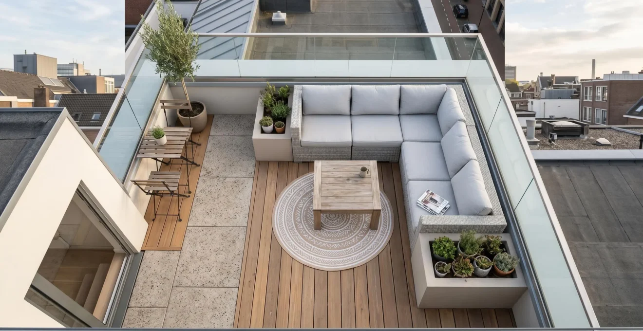 Vue en plongée d'une terrasse de 12m² avec banquette d'angle modulable en résine tressée grise et table basse, montrant l'organisation spatiale
