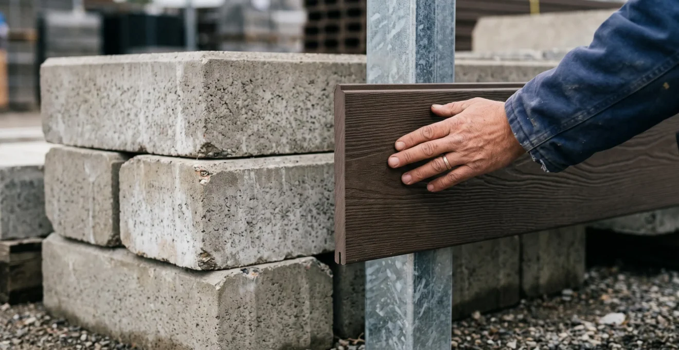 Une main touche une lame de soubassement composite posée à côté de blocs de béton préfabriqués chez un vendeur de matériaux.