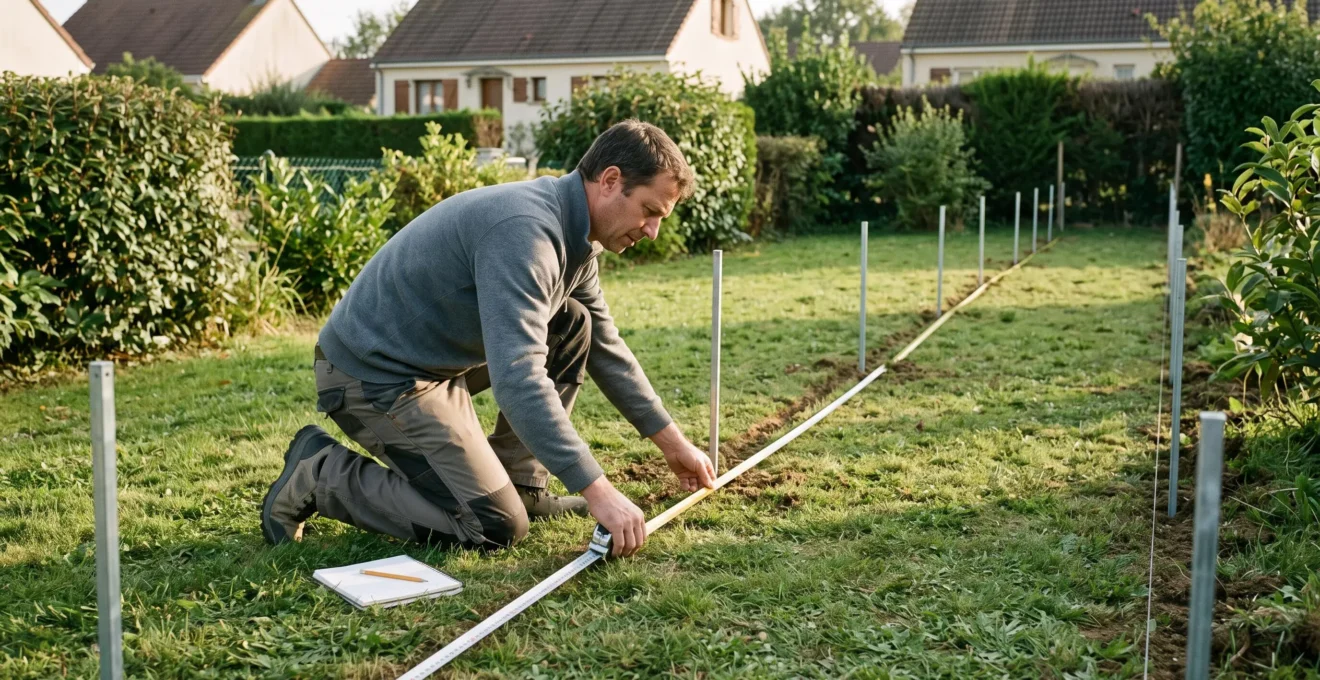 Un particulier mesure la longueur de son terrain au mètre ruban avant d'installer une clôture rigide.
