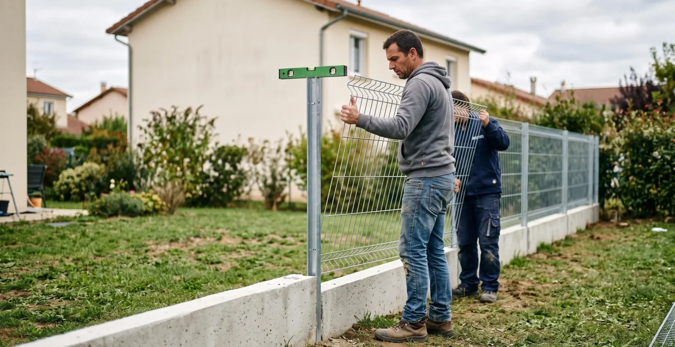 Deux particuliers alignent un panneau de clôture rigide sur un soubassement en béton dans un jardin en France.
