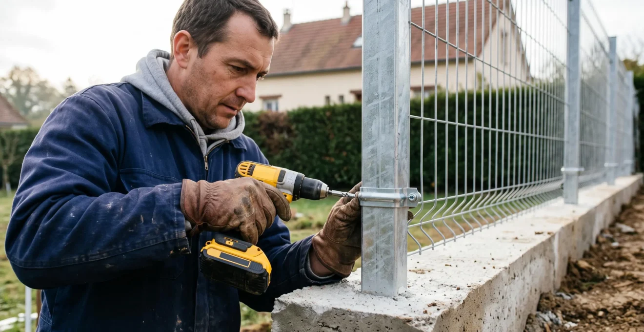 Une personne visse une fixation de panneau rigide sur un poteau galvanisé à l'aide d'une visseuse sans fil.