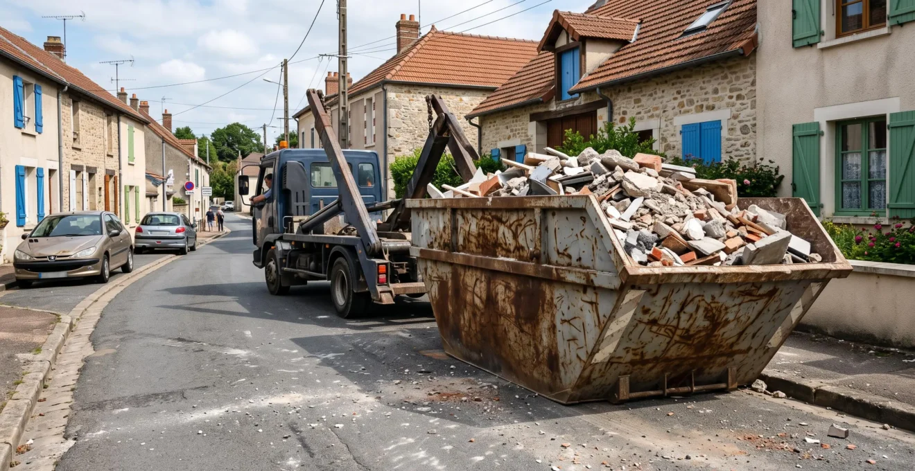 Une benne à déchets pleine est levée par un camion dans une rue.