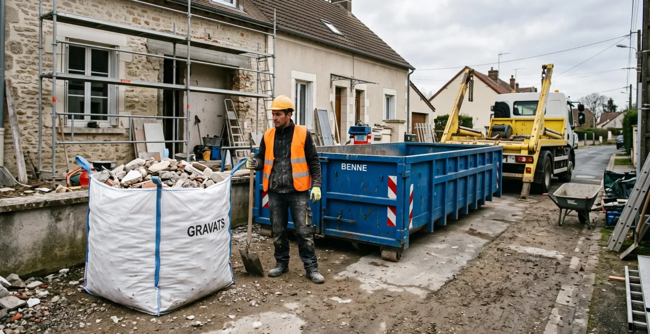 Un ouvrier compare un big bag de gravats et une benne sur un chantier.