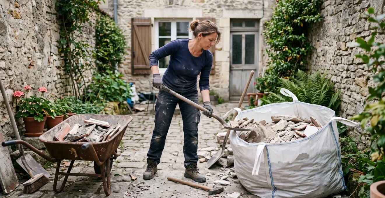 Une personne remplit un big bag de gravats dans une cour étroite.
